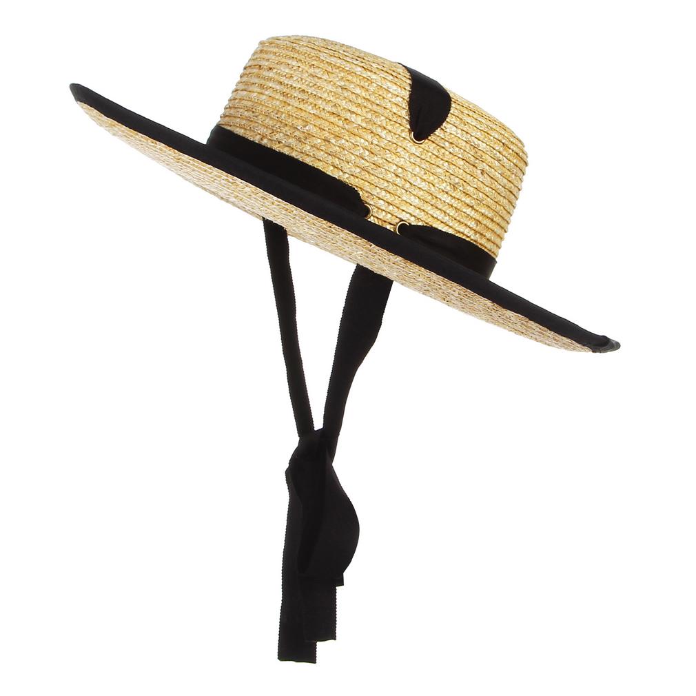 Women Straw Hat Black Ribbon Large Brim 