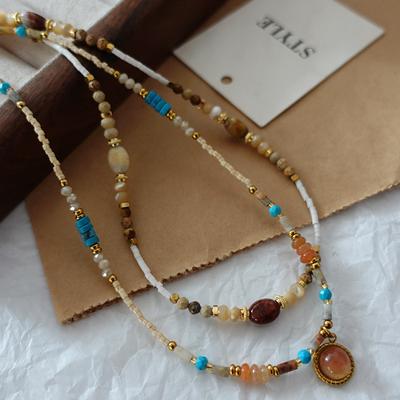 Glazed Stone Necklace, Handmade Colored Stone Beaded Sweater Chain, Personalized Simplicity And Advanced Sense, Turquoise Collarbone Neck Chain.