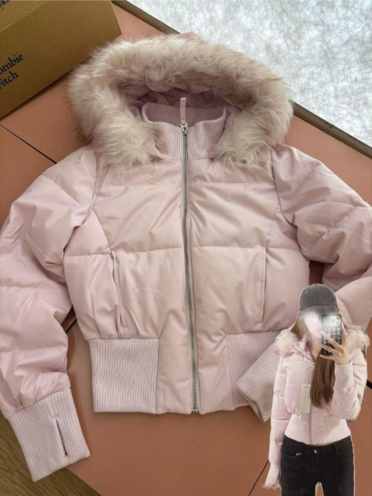 Haină matlasată aesthetic vintage cu fermoar scurt pentru femei, design de iarnă, mânecă lungă, guler de blană, îmbrăcăminte exterioară, casual, retro, geacă nouă de puf