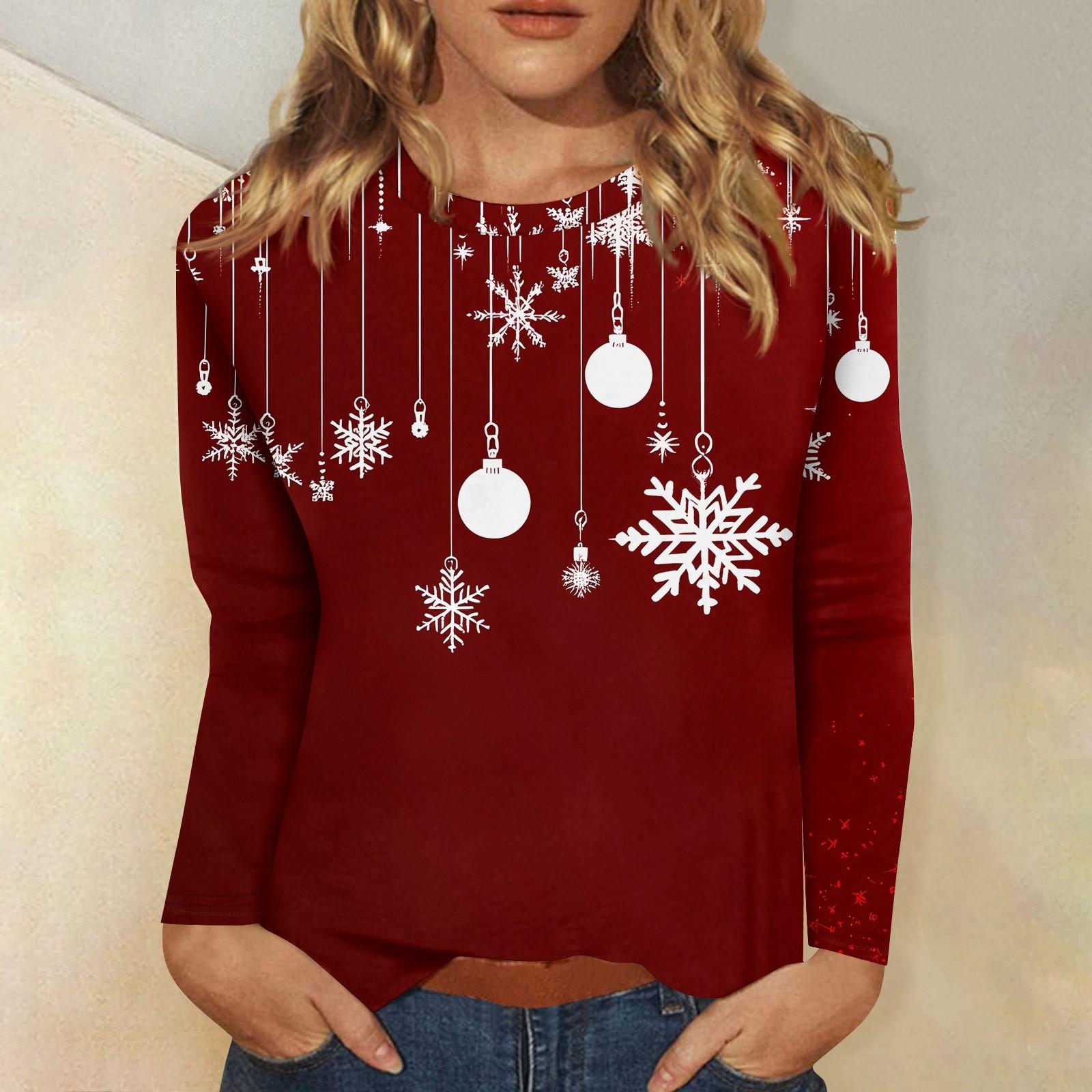 

Женская мода повседневный рождественский принт круглый вырез длинный рукав пуловер топ L красный