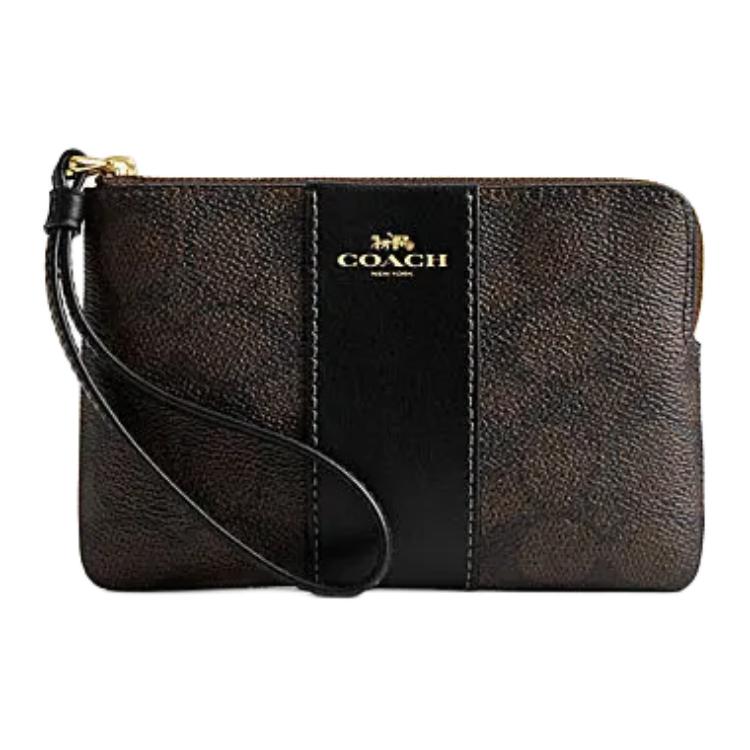 Coach Signature Canvas Wristlet Bag, Brown Black Leather Trim Women s Clutch Card Holder, Casual Daily Travel Shopping CW854-IMXAQ Basic Set (Bag+Dust Bag)