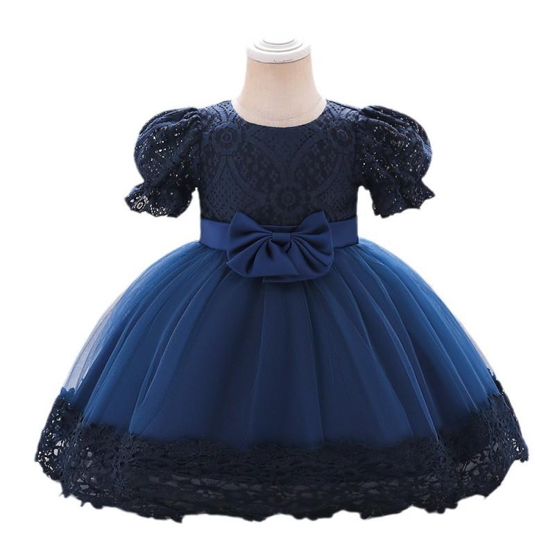 Baby Girls Princess Gown Navy Blue Lace Mesh Party Dress 1-3 Years Old Winter