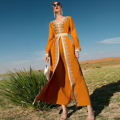 Women's Clothes Solid Color Handmade Rhinestone Stitching Lace Slim Fit Fake Two Piece Muslim Dress