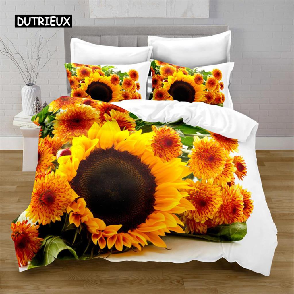 Slunečnicová sada povlaku na přikrývku Žluté květy Bujné slunečnice na poli Ložní sada Mikrovlákno Botanický květinový potisk Povlak na přikrývku