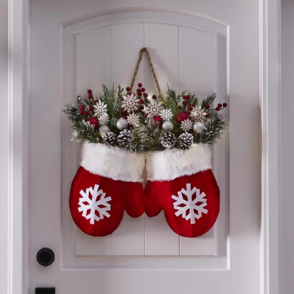 Twinkling Christmas Mitten Wreath Front Door Artificial Garland Holiday Wreath for Wall Window Fireplace Holiday Home Decor