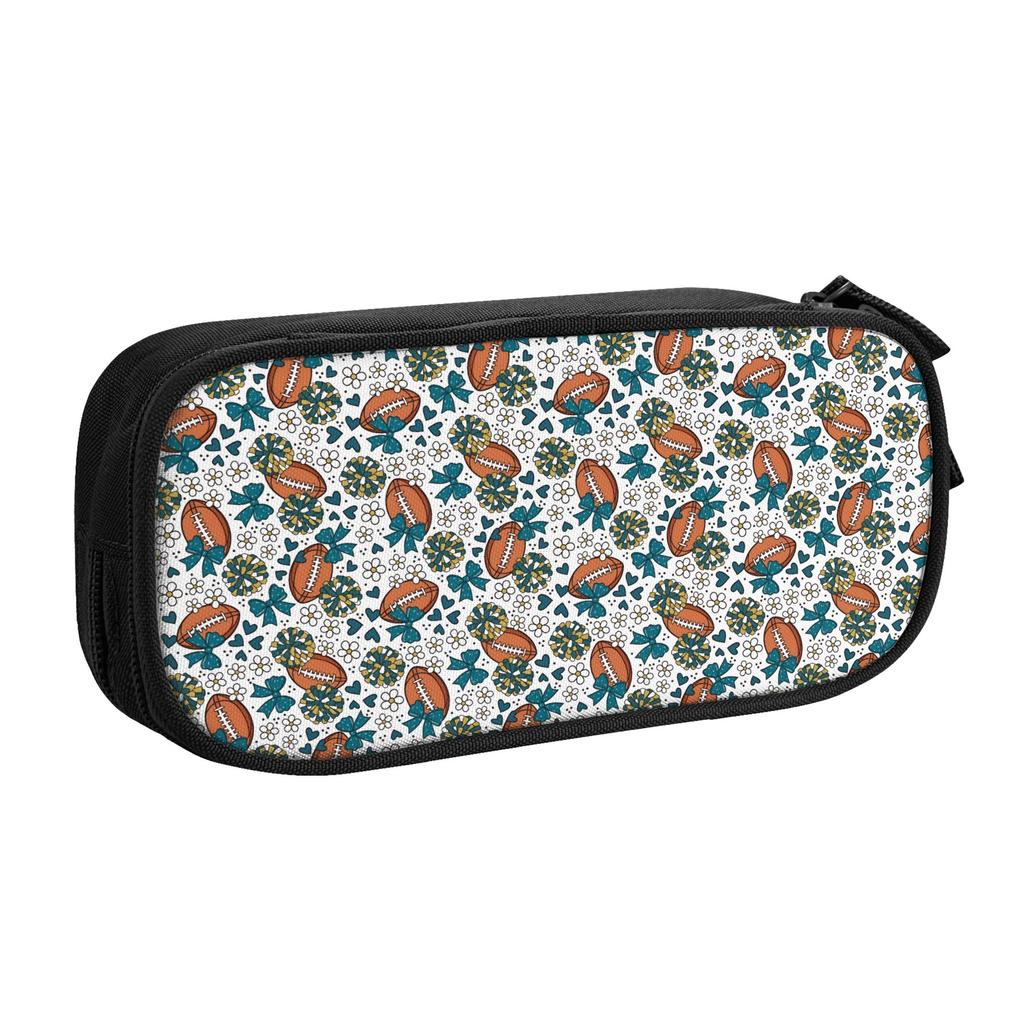 Football Teal Gold Cheer Bows Pencil Cases for Girls Boys Big Capacity Rugby Union Cheer Bows Pen Bag Box School Supplies