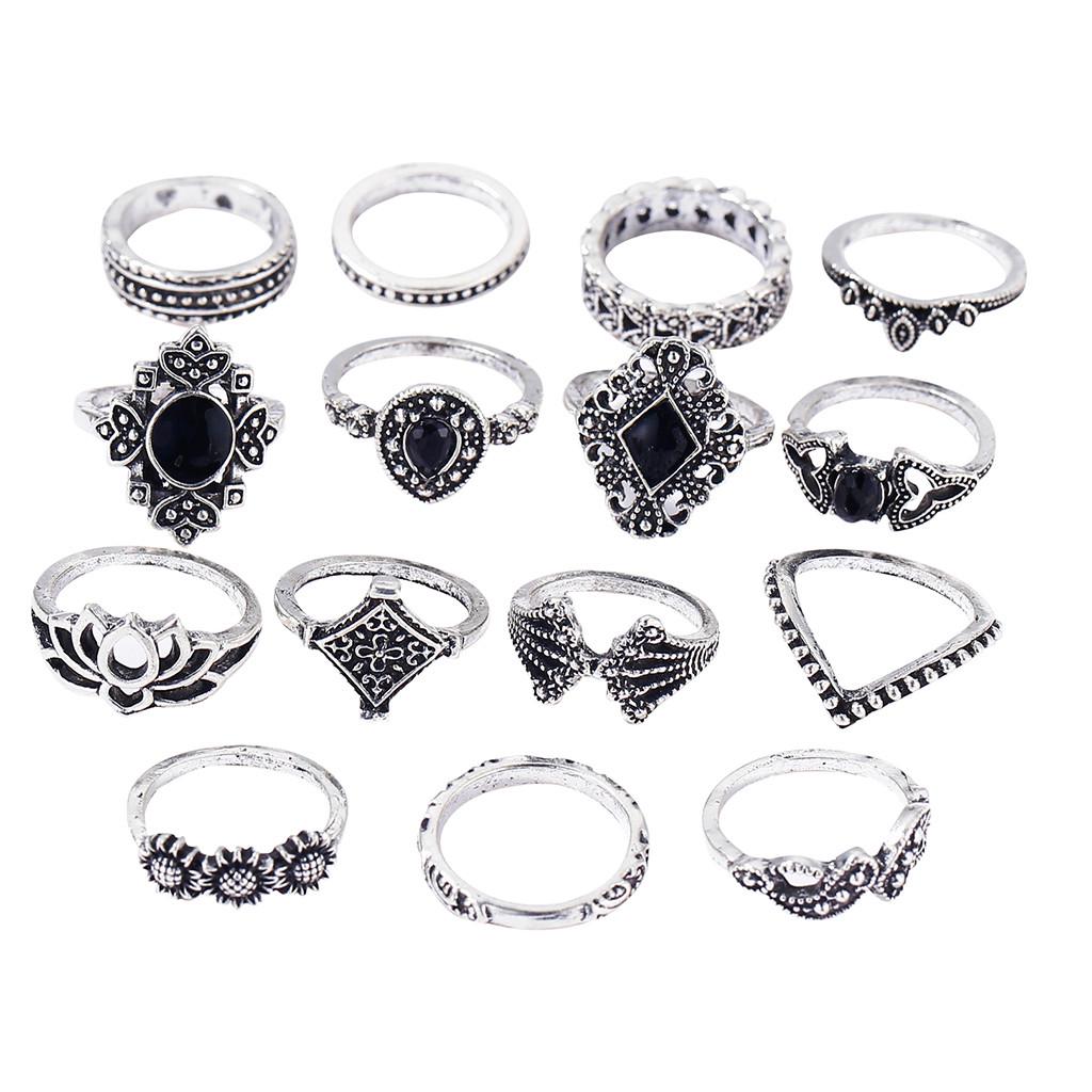 15Pcs Vintage Women Mid Ring Set Flower Crown Hollow Out Joint  Nail Ring