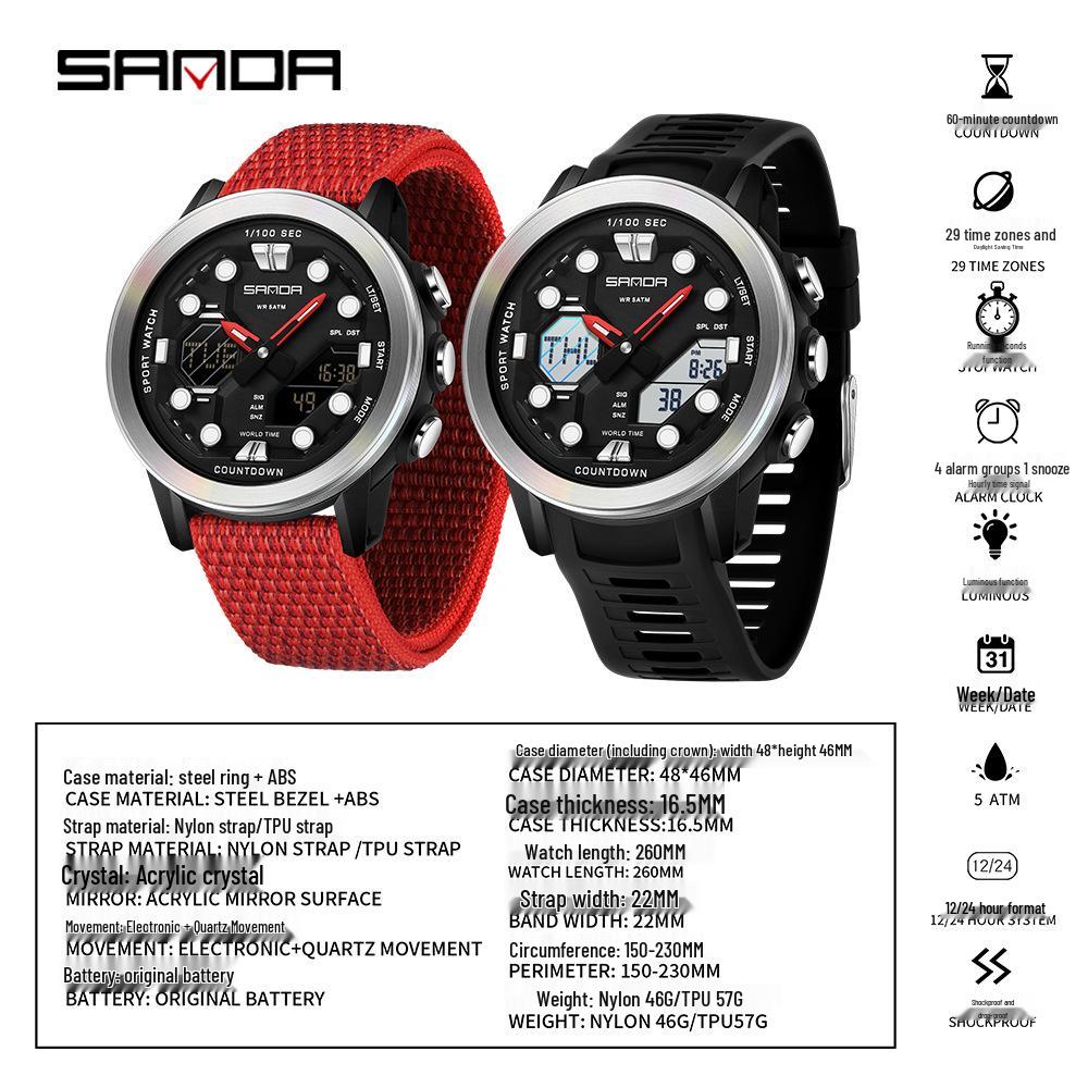 SANDA Multifunction Waterproof Digital Watch with Fluorescent Display, 29 Time Zones, Daylight Saving, 4 Alarms, Student-Friendly