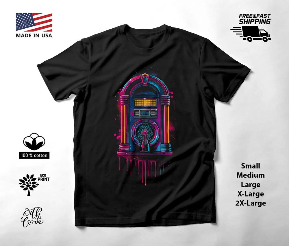Retro Jukebox Neon Graphic T-Shirt Black Unisex S-2XL