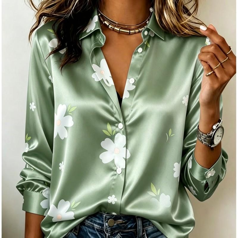 Dames satijnen shirt met lange mouwen, witte bloemenprint blouse, revers, enkele rij knopen, losse kantoor tops