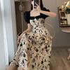 Square Neck A-line Skirt Floral Short Sleeves Dress Sweet Flower Long Dress  Evening Party