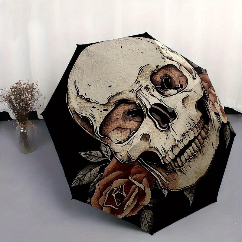 Skull and Roses Circular Wall Art Decor Umbrella, Cute Umbrella with Cute Design, Portable 3-Fold Compact Umbrella for Men & Women, Valentine's Day Mo