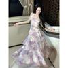 Good Job [Iris Whispering] Purple Printed Lotus Leaf Sling Dress French Seaside Vacation Dress