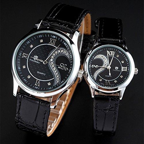 Romantic Couple Watches for Men and Women, Leather Strap Heart-Shaped Design Pair Watches, Black D-102