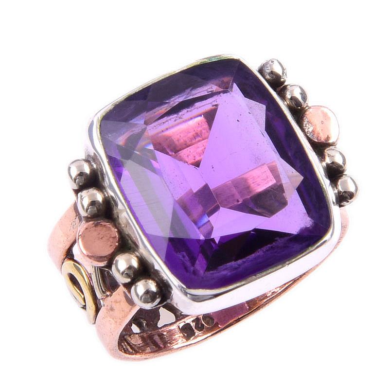Natural African Amethyst Gemstone 925 Sterling Silver Two Tone Ring Size 6 G8N61