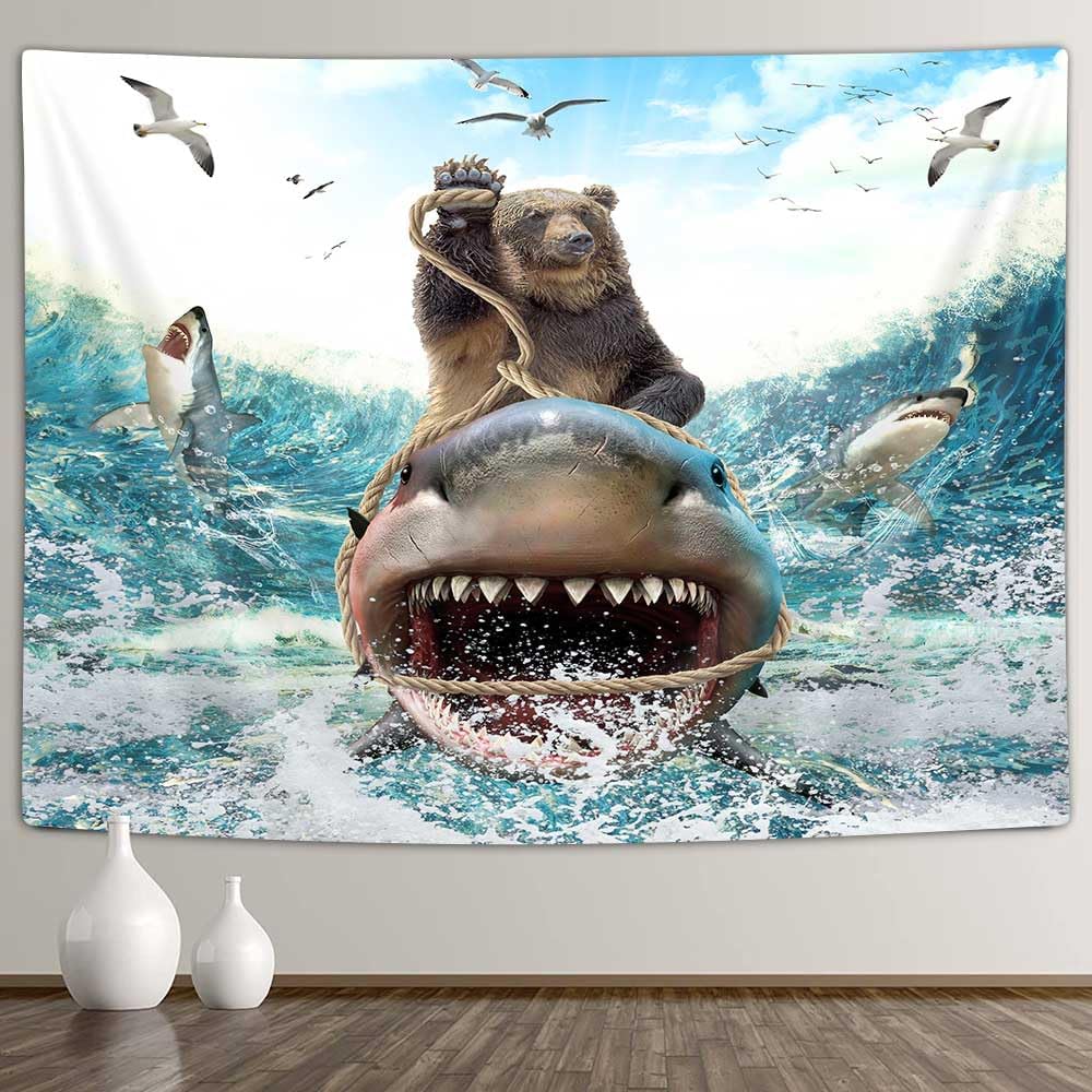 Cool Cat Riding Dinosaur on Fantasy Galaxy SpaceCute Hilarious Outer Universe Anime Tapestry for Bedroom Living Room Dorm