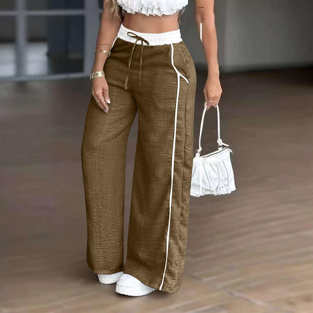 Women's Fashion Color Blocked High Waist Straight Leg Wide Leg Pants Pocket Casual Pants