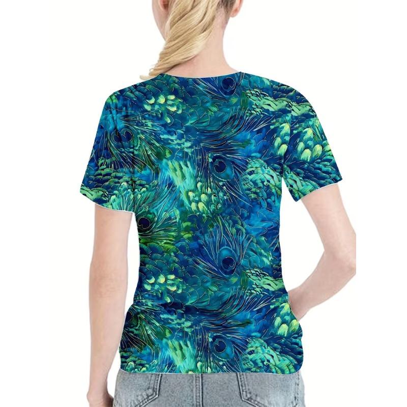 Blue Base Peacock 3D Printed Colorful Casual Daily Round Neck Short Sleeved T-shirt Spring/Summer Women's Wear