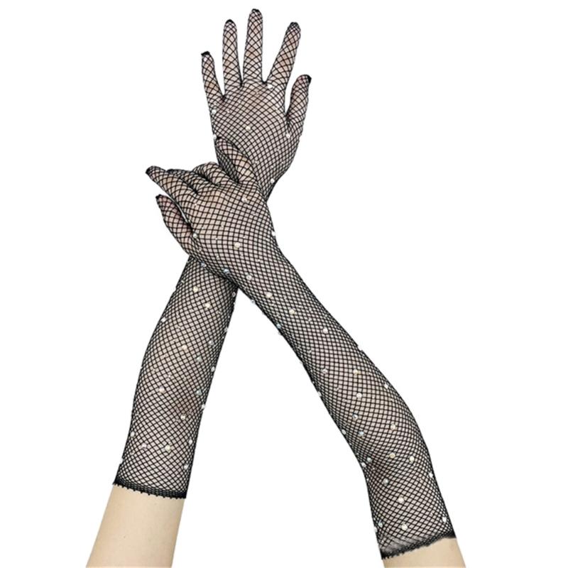 Сетчатые длинные перчатки, Длинные перчатки со стразами, Сетчатые длинные перчатки, Женские танцевальные перчатки 1