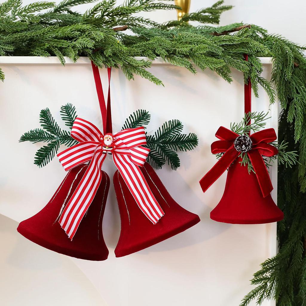 Velvet Flocked Christmas Bells Ornaments Set, Red Decorative Hanging Ornaments for Tree, Wreath, Garland