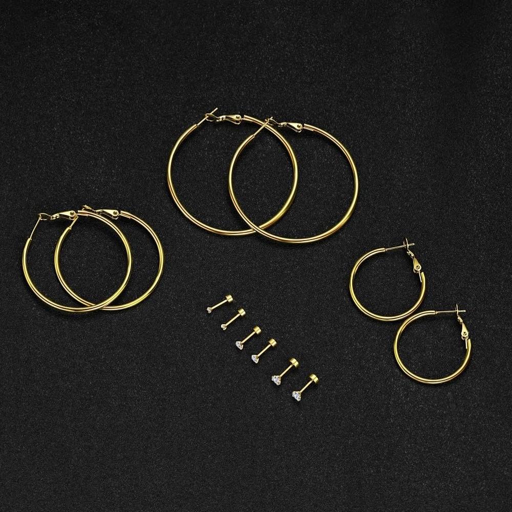 6 Pairs Hoop Earrings Cubic Zirconia Earrings Studs Set for Women 18k Gold Plated Surgical Steel Jewelry Gift