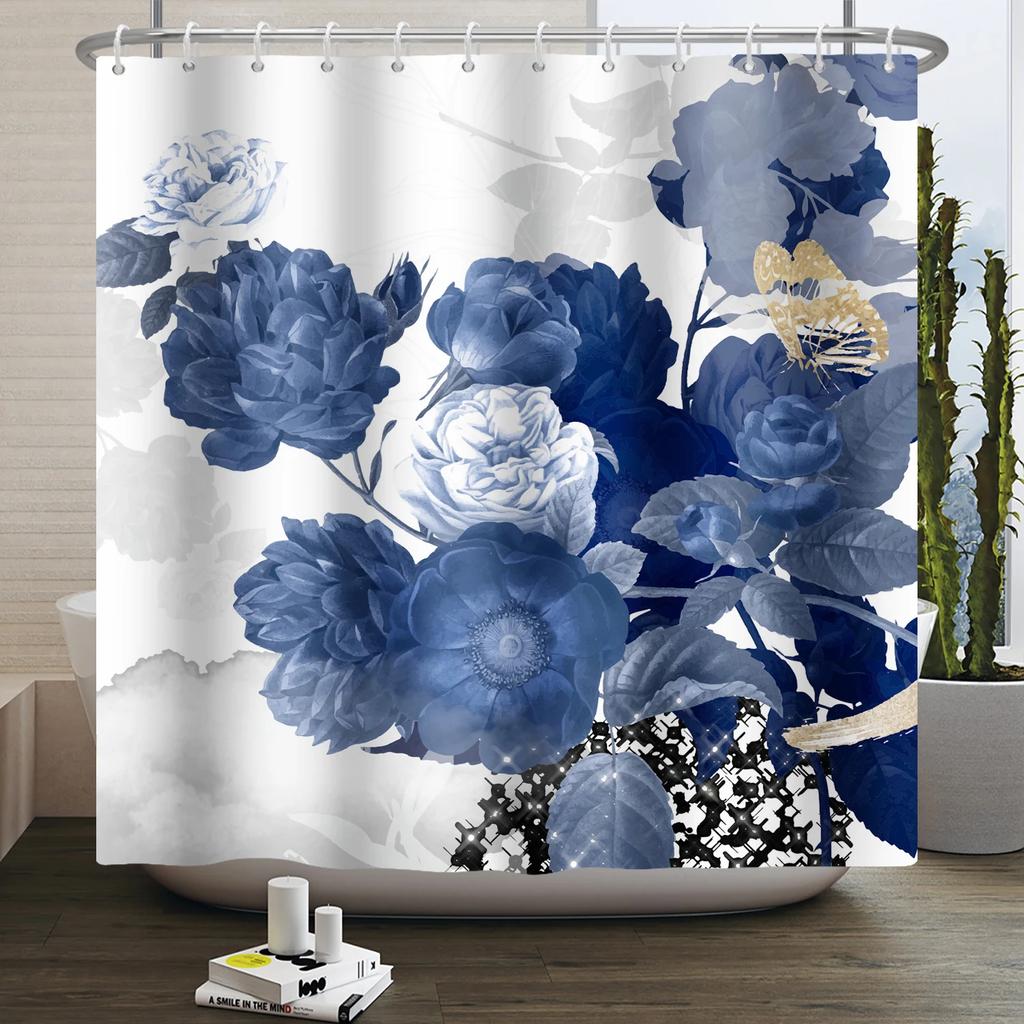 Floral Duschvorhang für Badezimmer Vintage Blume Schmetterling Wasserdichter Stoff Boho Badewanne Badezimmervorhang Mit Haken 180x240