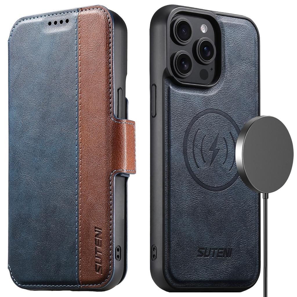 SUTENI Q-07 For iPhone 16 Pro Max Case Magnetic Color Splicing Cowhide Texture Leather Cover