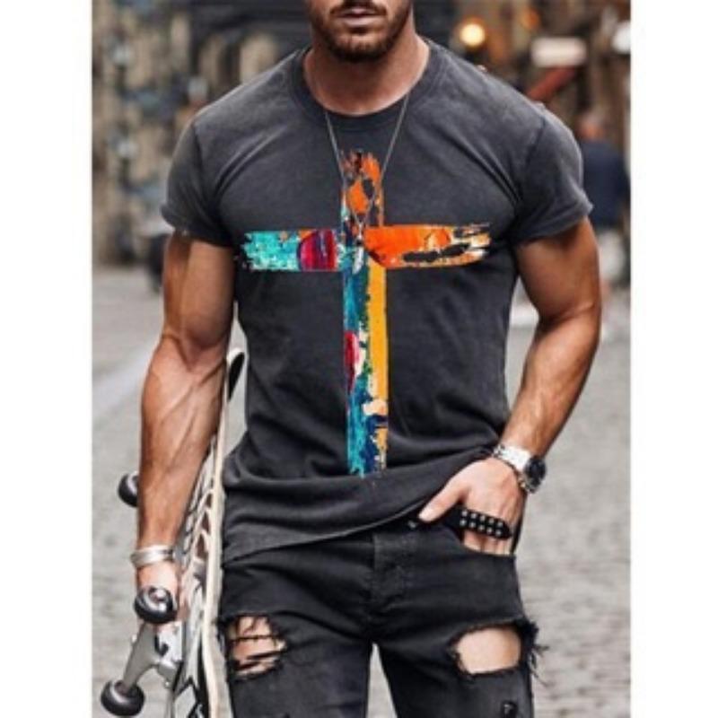 Men's T-shirt with Cross Print Round Neck Short Sleeved Street Fashion T-shirt
