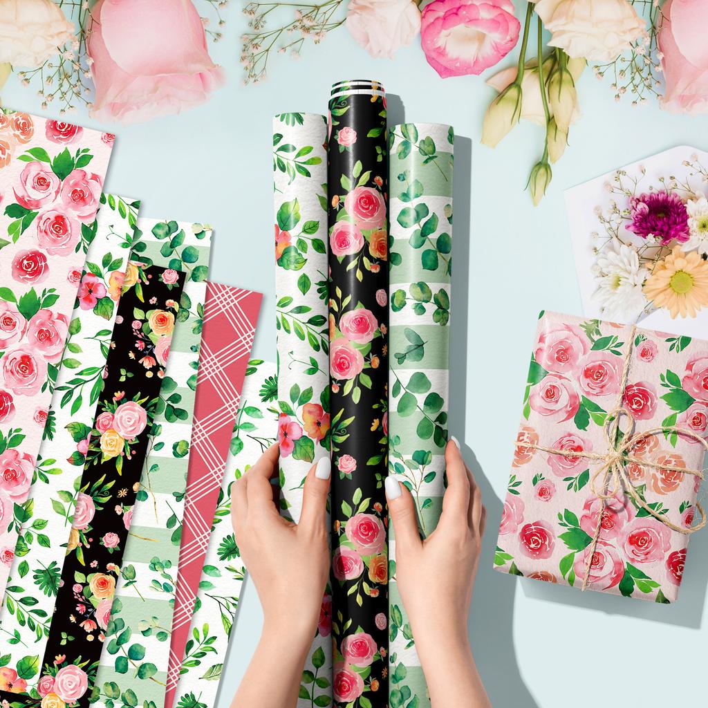 12 Sheets Gift Wrapping Paper Floral Rose Pattern Valentine's Day Bouquet Gift Packaging Paper Birthday Party Decoration Paper