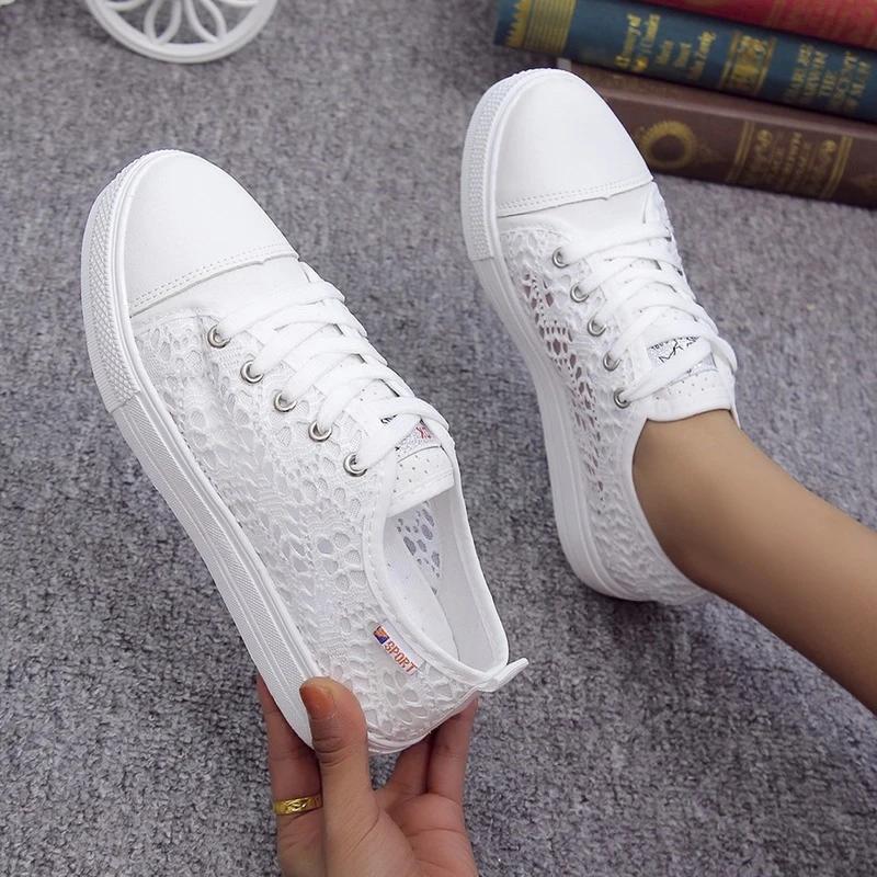 Women Shoes 2025 Fashion Summer Casual White Shoes Cutouts Lace Canvas Hollow Breathable Platform Flat Sneakers Zapatillas Mujer
