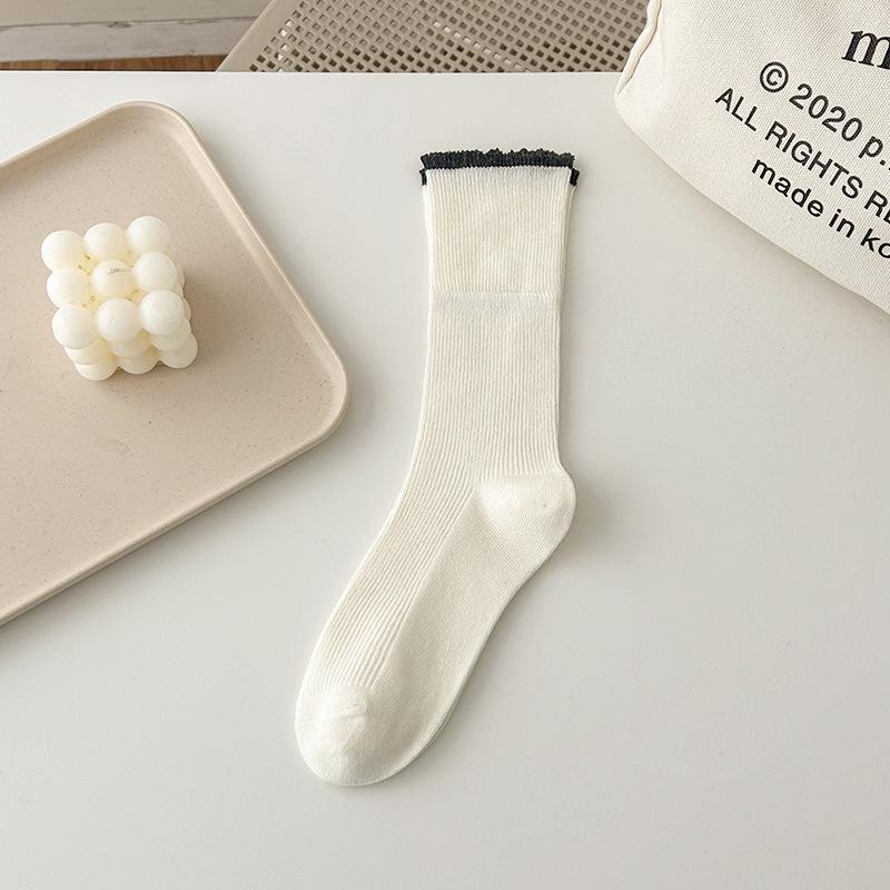 Spring and Summer Thin Lace Pile Socks, Color-blocking Mid-calf Socks, Versatile Flanged Socks, Women's Cotton Socks