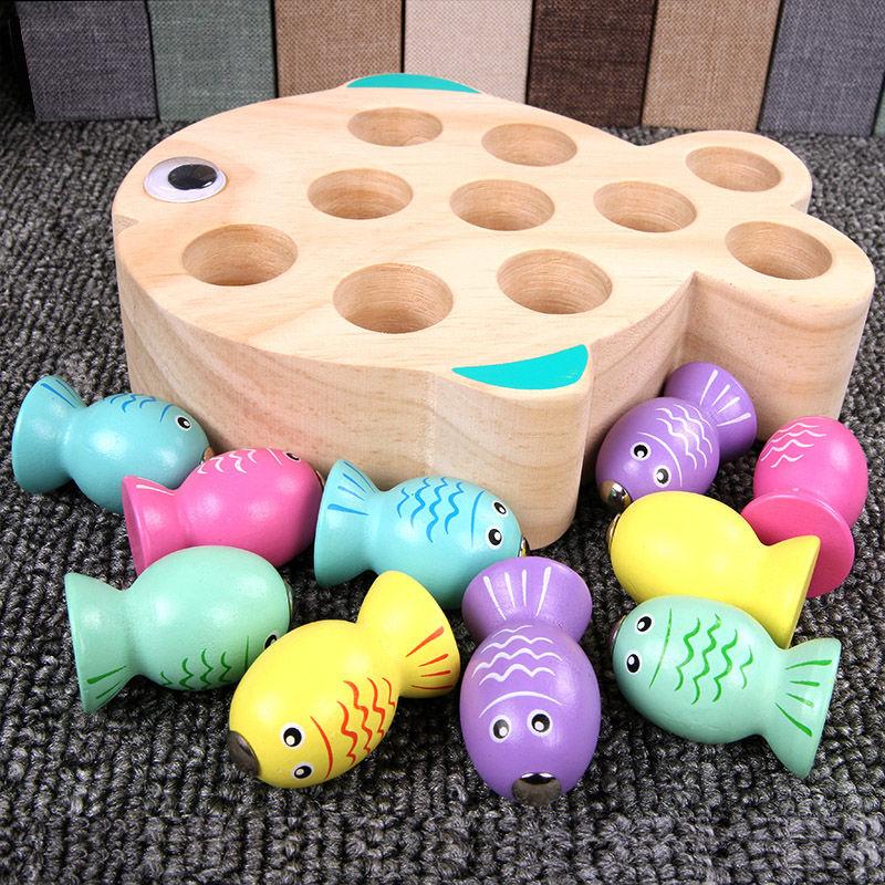 Children's Wooden Kitten Magnetic Fishing Set Toy1-2-3Year-Old Boys and Girls Educational Fishing