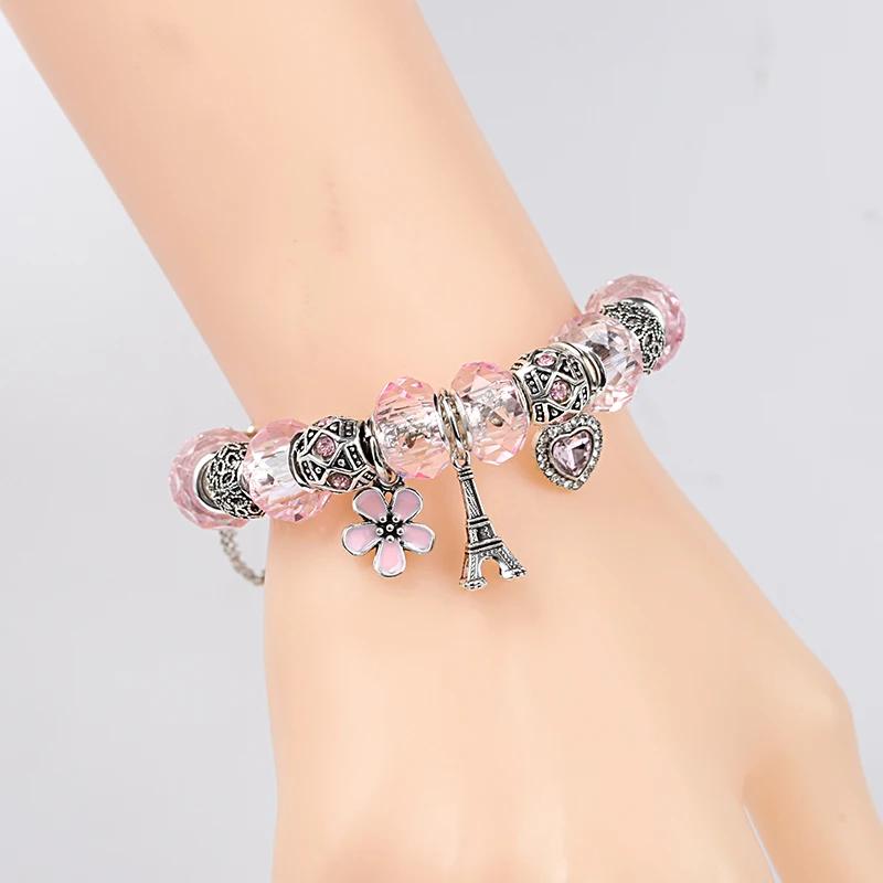 Silver Color Eiffel Tower Pendants Bracelet & Bangle Diy Pink Crystal Heart Flower Bead Women Bracelet Charm Jewelry
