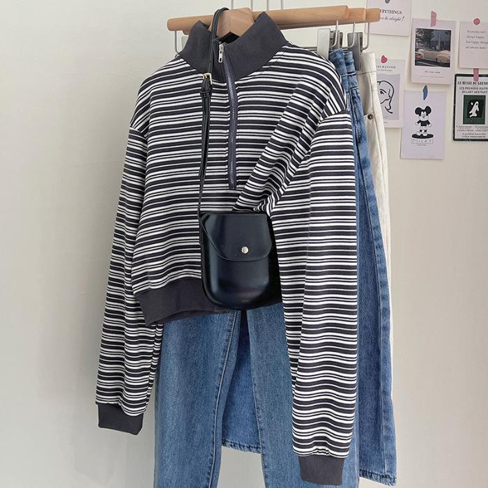 Women's Striped Half-Zip Cropped Hoodie - 2023 Autumn/Winter Long-Sleeve Loose Casual Top