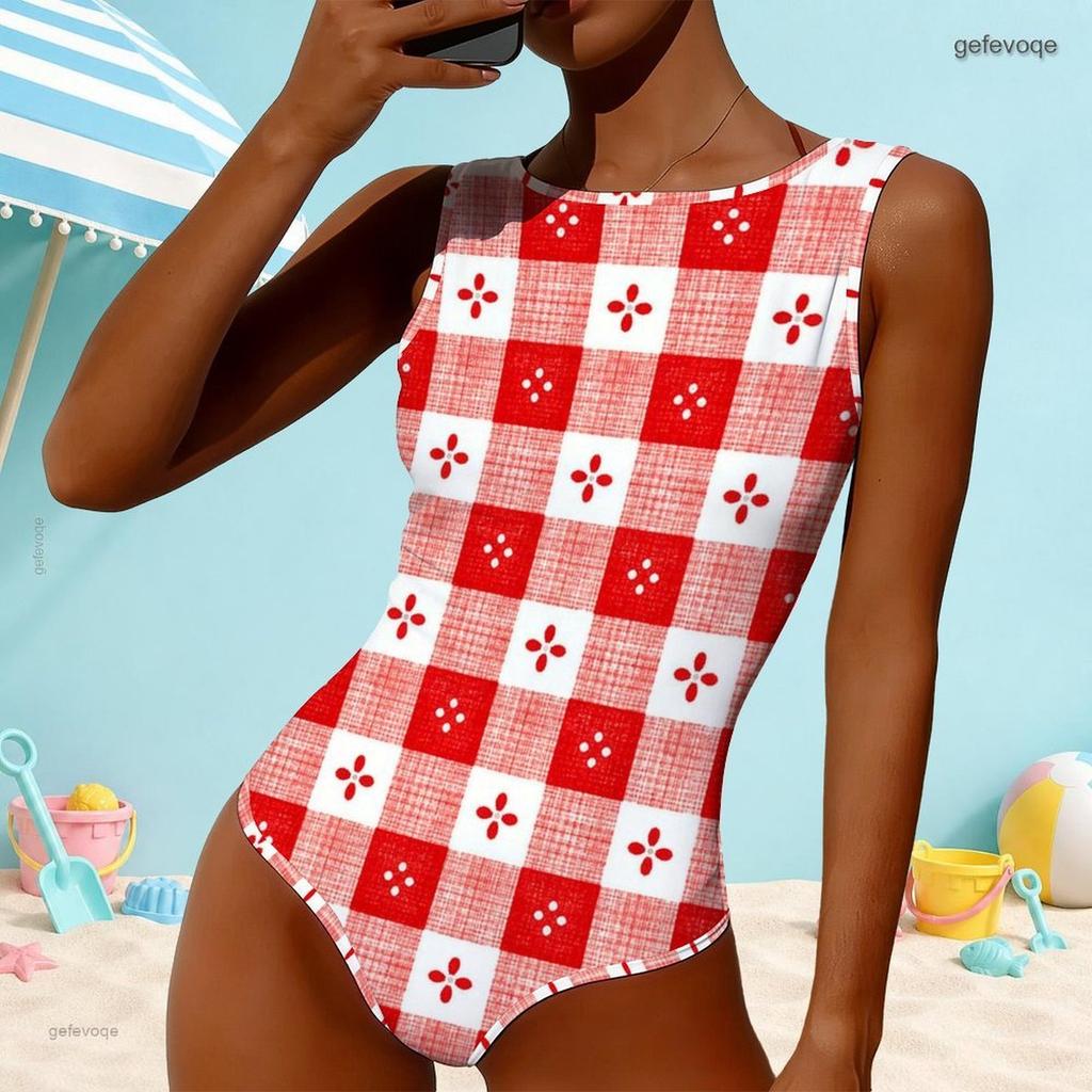 Women Plus Size High Round Neck Sleeveless Beige Printed One Piece Swimsuit