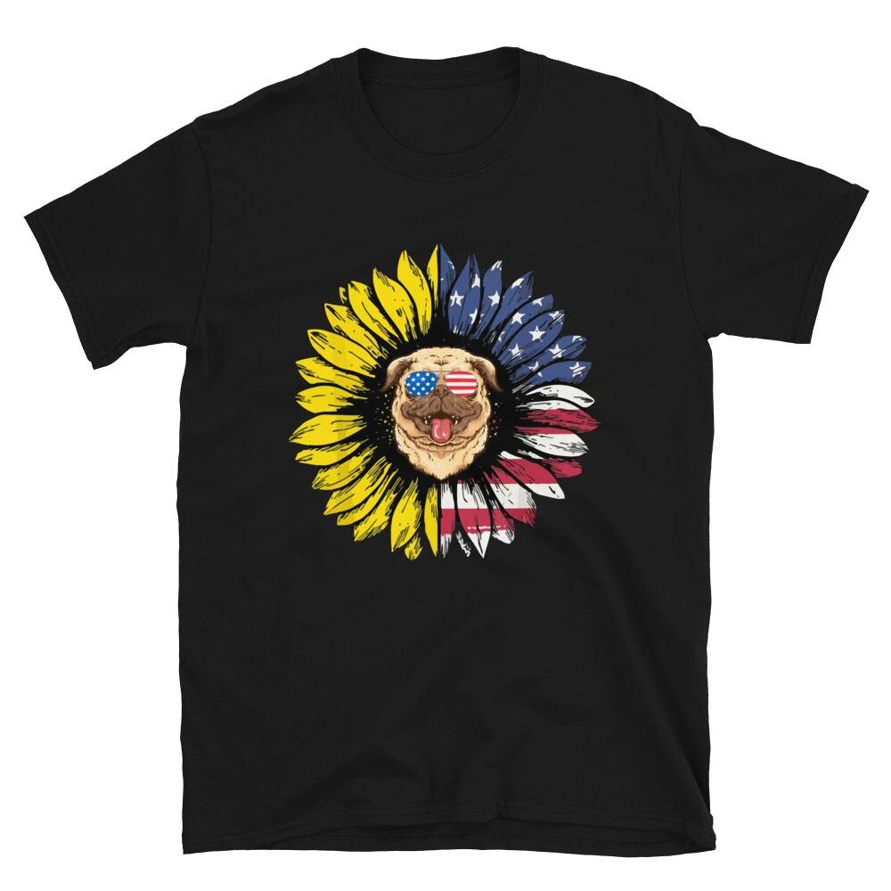 Sunflower Pug July 4th of July USA US Flag T-Shirt 4XL