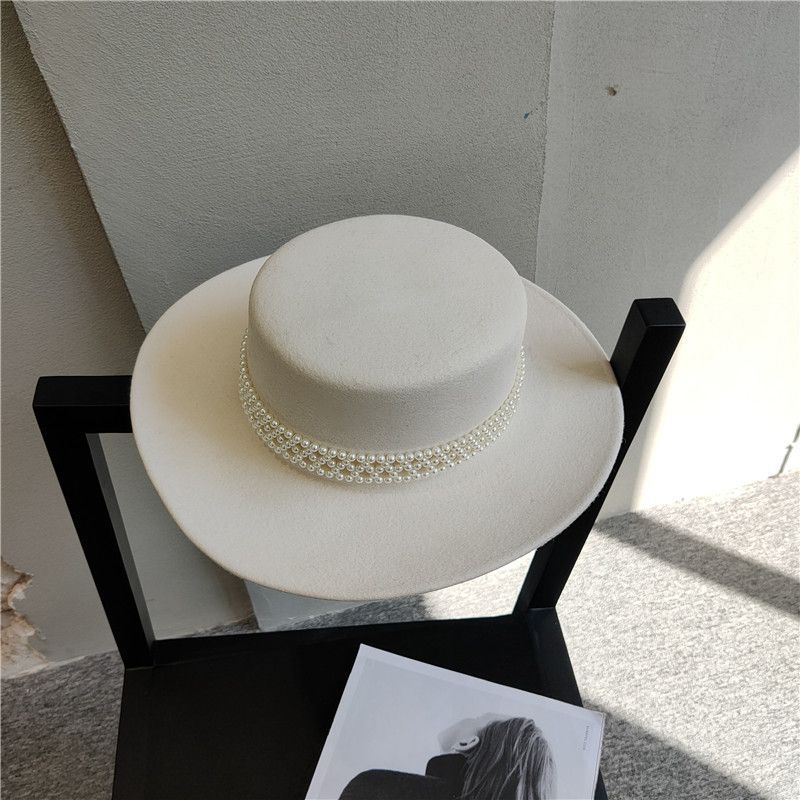 French Elegant Wool Felt Wide Brim Hat for Women, White Pearl Decorated Winter Fall Fashion Streetwear Hat