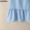 VONDA Women Summer V Neck Short Sleeve Solid Color Twisted Casual Pleated Dress
