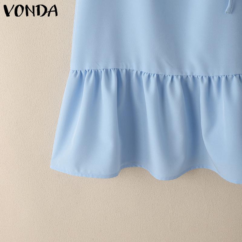 VONDA Women Summer V Neck Short Sleeve Solid Color Twisted Casual Pleated Dress