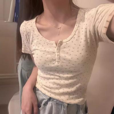 U-neck Floral Short-sleeved Short Top Women's Summer New Slim-fit Design Versatile Slim-fit and Thin T-shirt