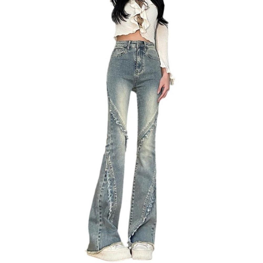 Retro Nostalgic Micro-pull Jeans Women's Spring and Autumn New American Rough-edged Horseshoe Pants Slim High-waisted Horn