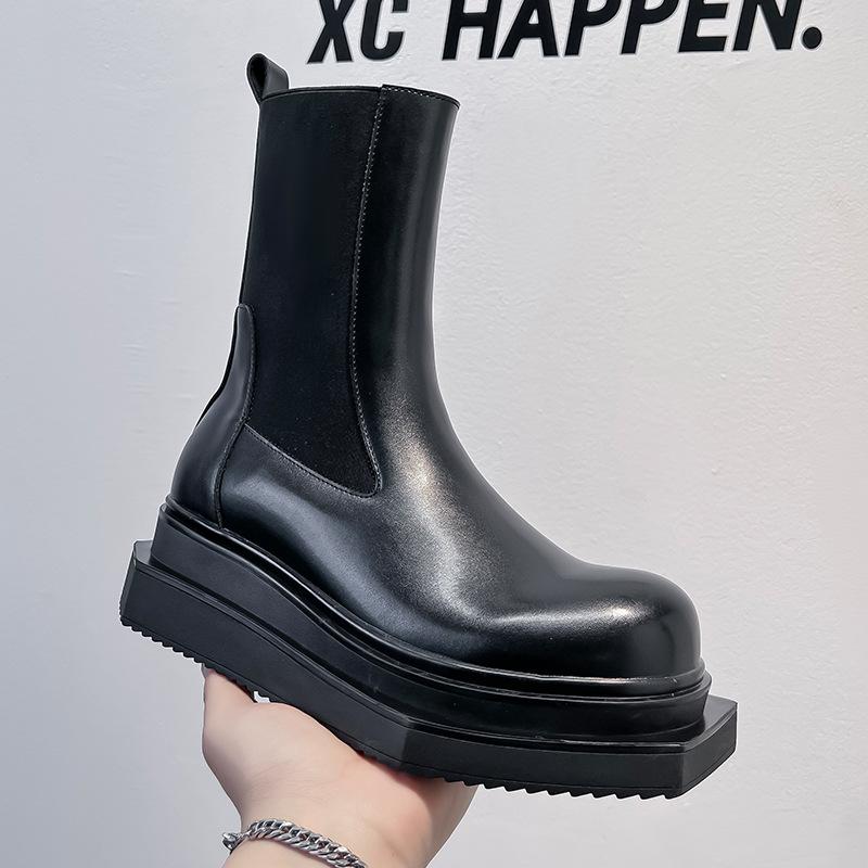 Thick-soled medium tube round head Chelsea boots dark square head cigarette tube short boots British men's big head Martin boots 68555-A