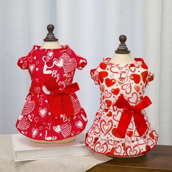 Hundekleid mit roter Schleife Herz-Aufdruck Flatterärmel Rüschensaum Haustier Kostüm Outfit Bekleidung für kleine Hunde Katzen
