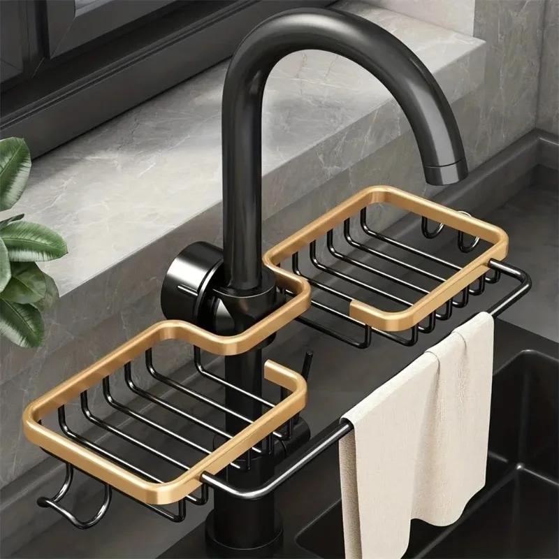 Kitchen Sink Drain Rack Organizer Aluminum Self-draining Sink Shelf Soap Sponge Holder Dishcloth Towel Removable Kitchen Storage