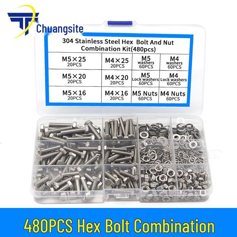 240/480-Piece M4/M5 Hex Bolts & Nuts Set, 304 Stainless Steel