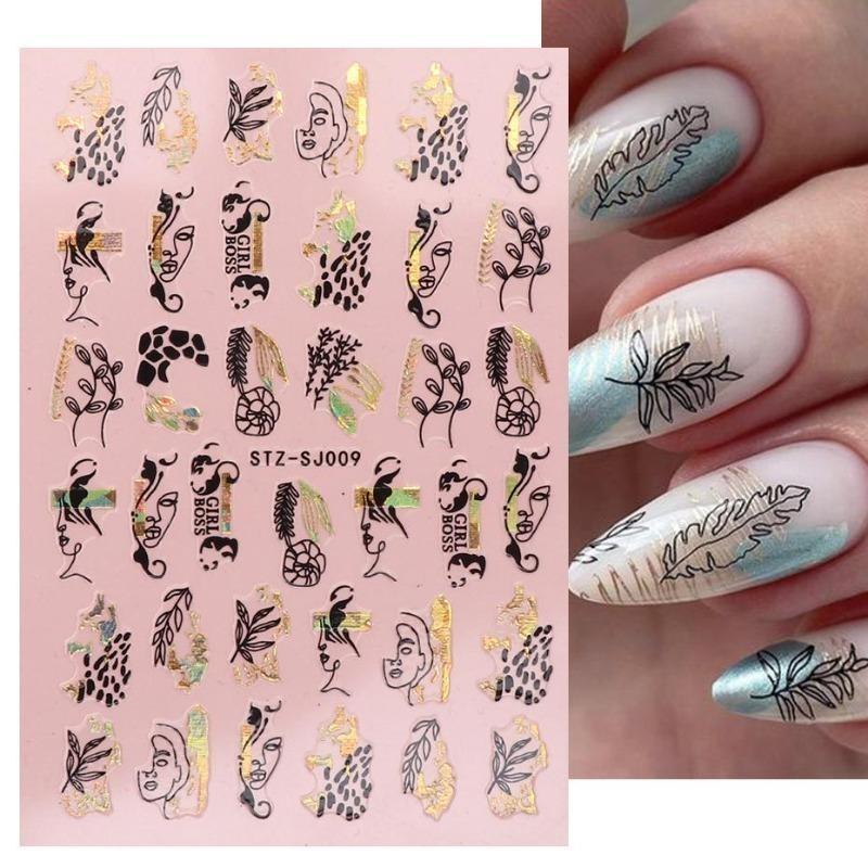 Graffiti Strips Nail Stickers for Women Nail Art Decorations Rose Gold Abstract Line Spring 3D Slider for Manicure Polish Tattoo