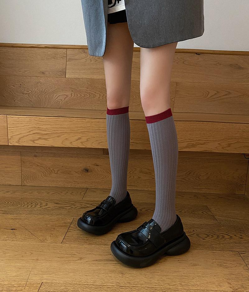 

Trendy Ins Spring Japanese JK Style Grey Vertical Striped Calf Sock–Women s Puffed Knee-High Mix&Match Sock,Retro Campus Fashion One Size