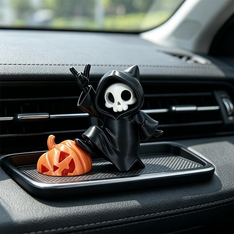 1Pcs Halloween Skeleton Ghost Figurine With Pumpkin Decor Cute Hooded Skull Statue For Home Desktop Party Ornament Gift