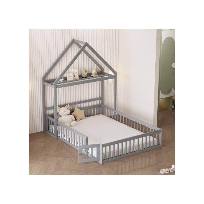 Lit de bébé 140 x 200 avec espace de rangement, rails de sécurité intégrés, porte et sommier à lattes, gris