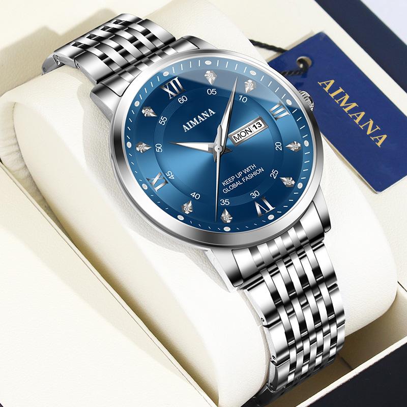 Business Men Watch Quartz Movement Dual Calendar Week Date Steel Band Roman Numerals Diamond Scale Male Wrist Clock